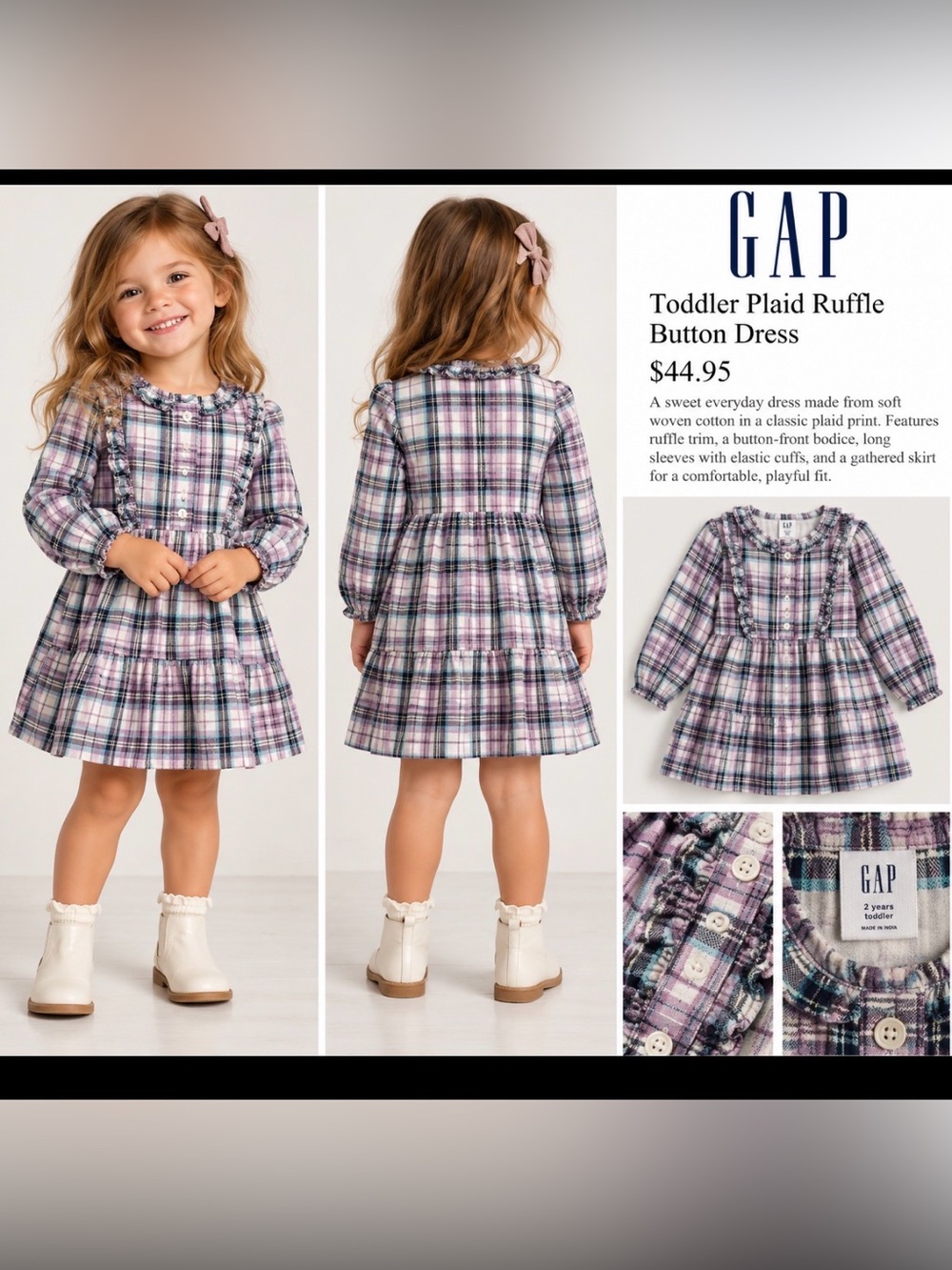 GAP Girls’ Plaid Ruffle Button-Front Dress, Size 2T